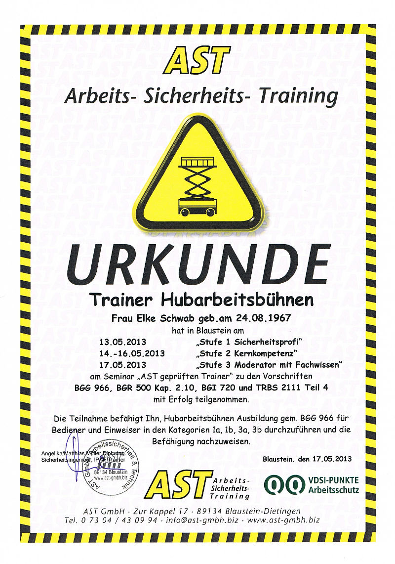 Bedienerschulungen Trainer-Urkunden